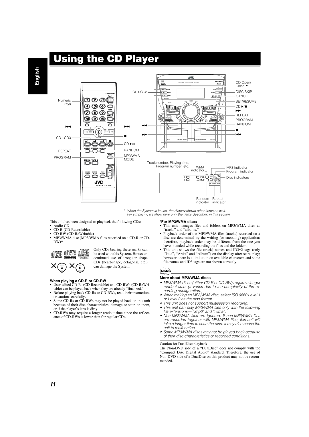 JVC MX-KC45 manual Using the CD Player, English, When playing a CD-Ror CD-RW, For MP3/WMA discs, More about MP3/WMA discs 
