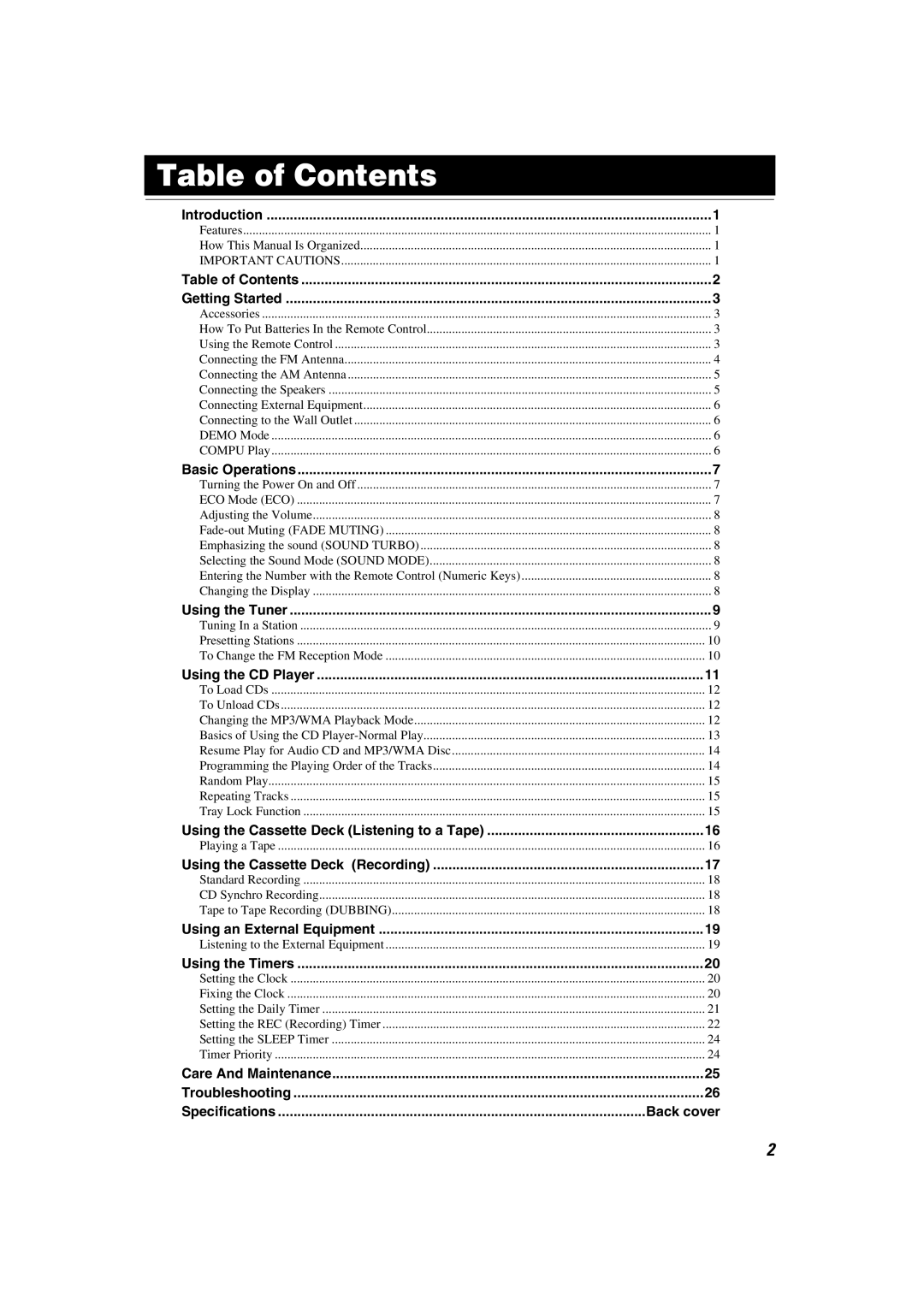 JVC MX-KC45 manual Table of Contents 