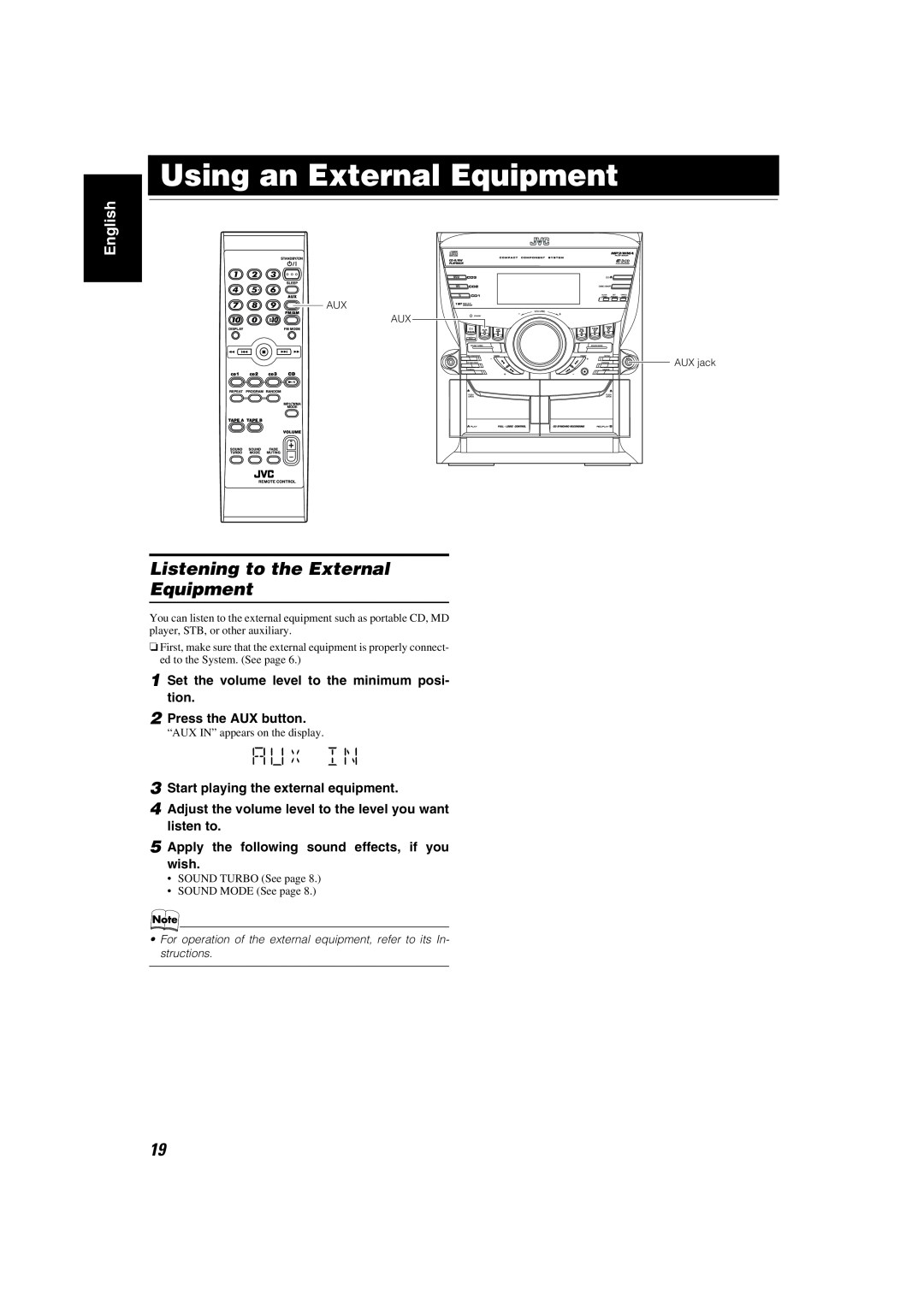 JVC MX-KC45 manual Using an External Equipment, Listening to the External Equipment, English, Press the AUX button 