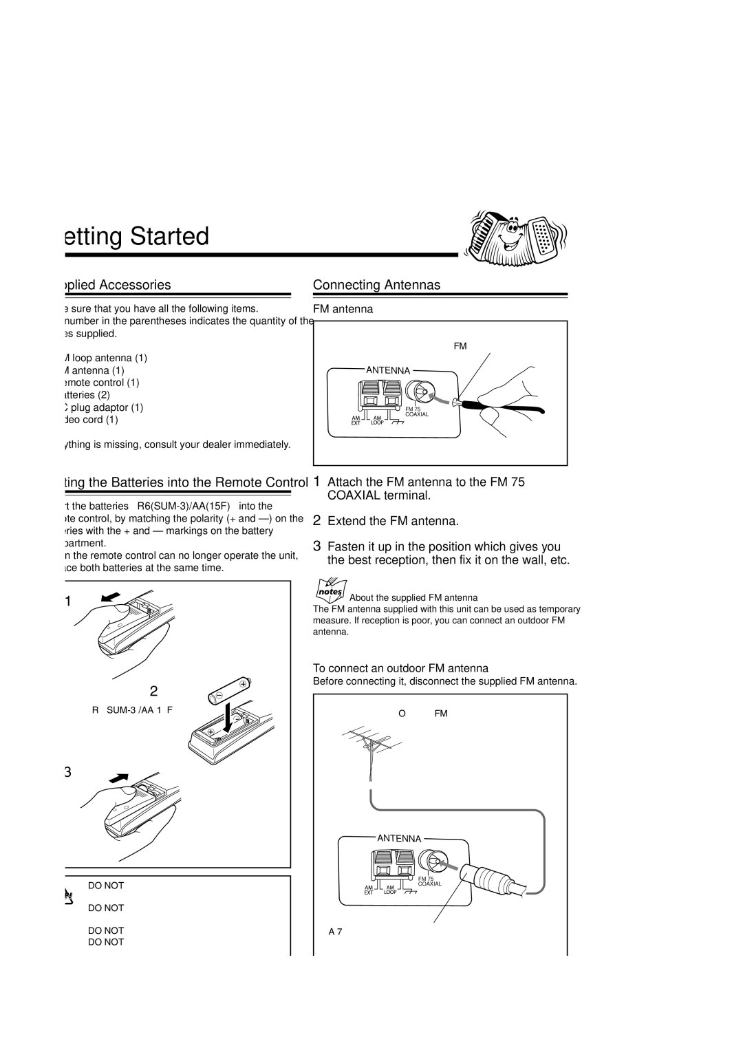 JVC SP-MXSK1, MX-SK3, MX-SK1, CA-MXSK3, SP-MXSK3, CA-MXSK1 manual Getting Started, Supplied Accessories, Connecting Antennas 