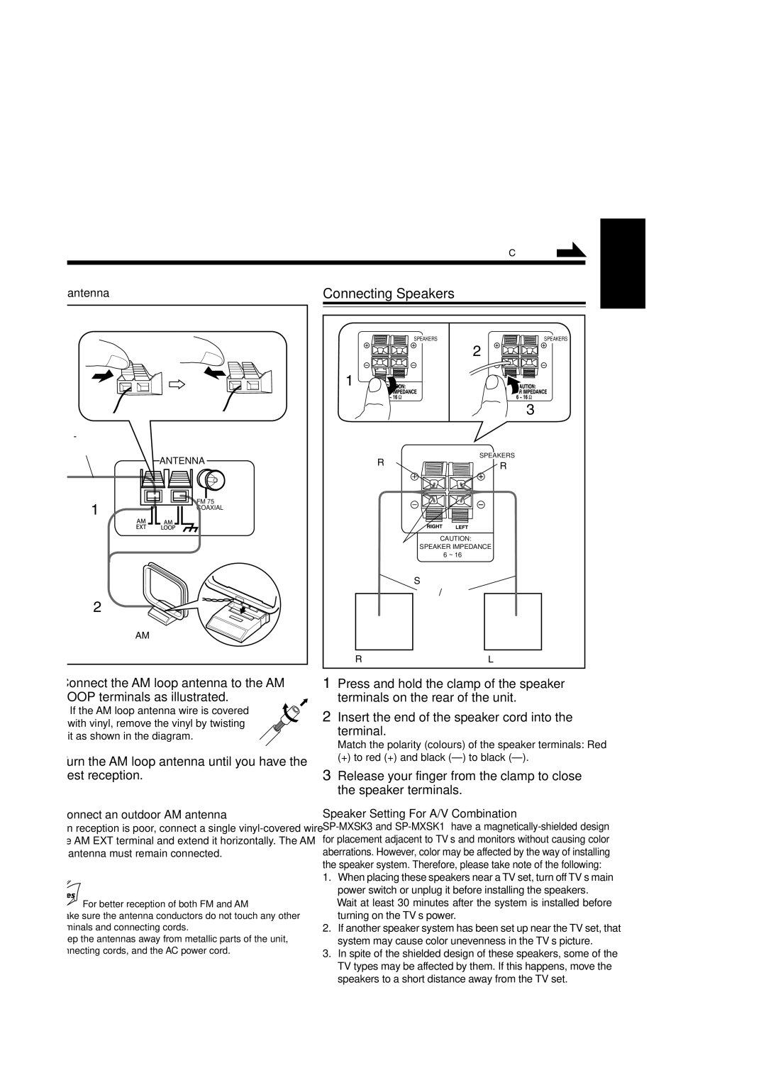 JVC SP-MXSK3, MX-SK3, MX-SK1 Connecting Speakers, Turn the AM loop antenna until you have the best reception, AM antenna 