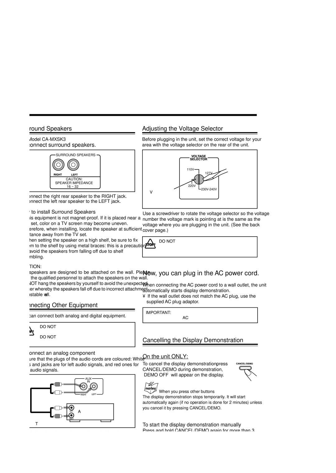 JVC CA-MXSK1, MX-SK3, MX-SK1, CA-MXSK3 manual Surround Speakers, Connecting Other Equipment, Adjusting the Voltage Selector 