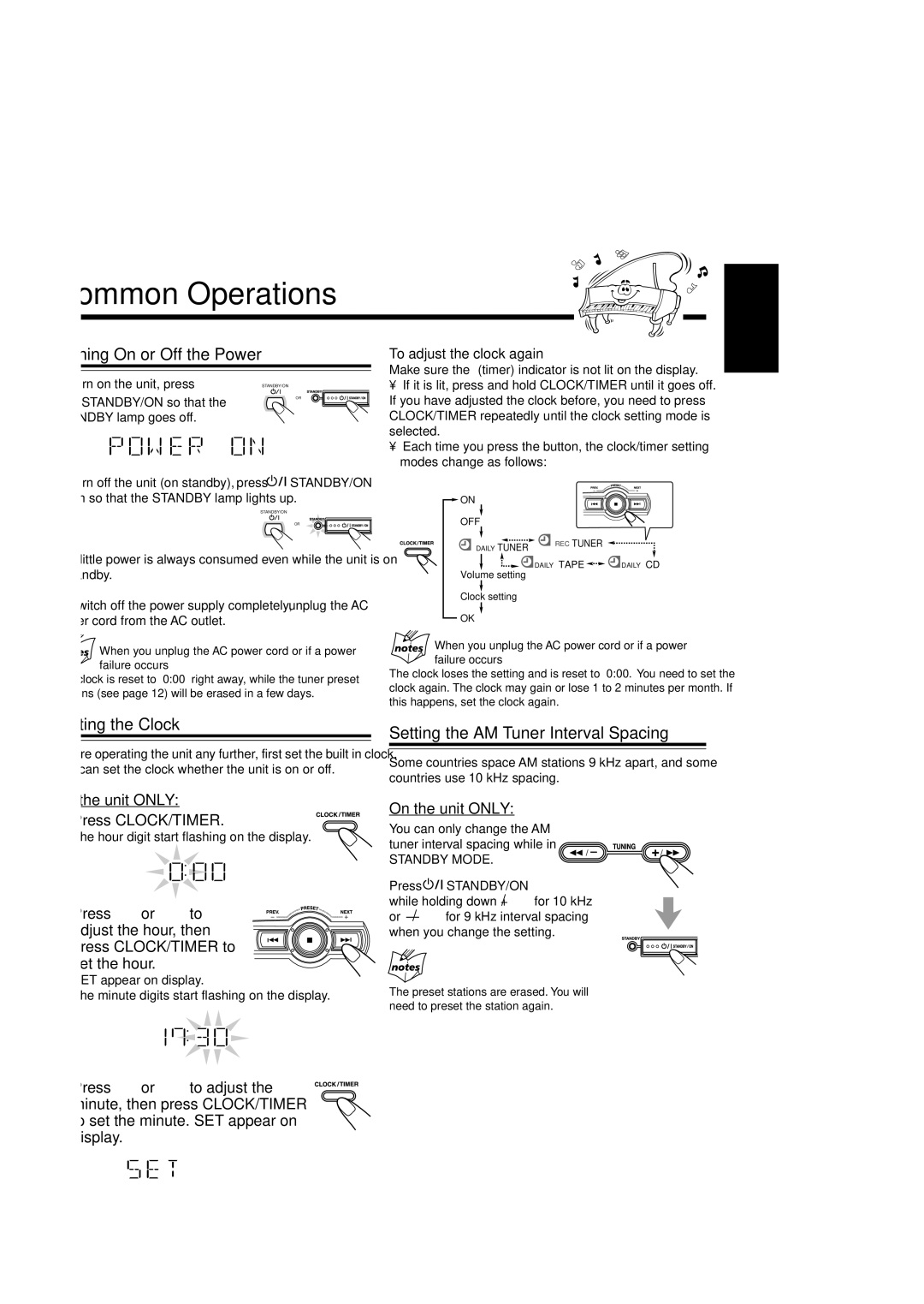 JVC GVT0120-001C Common Operations, Turning On or Off the Power, Setting the Clock Setting the AM Tuner Interval Spacing 