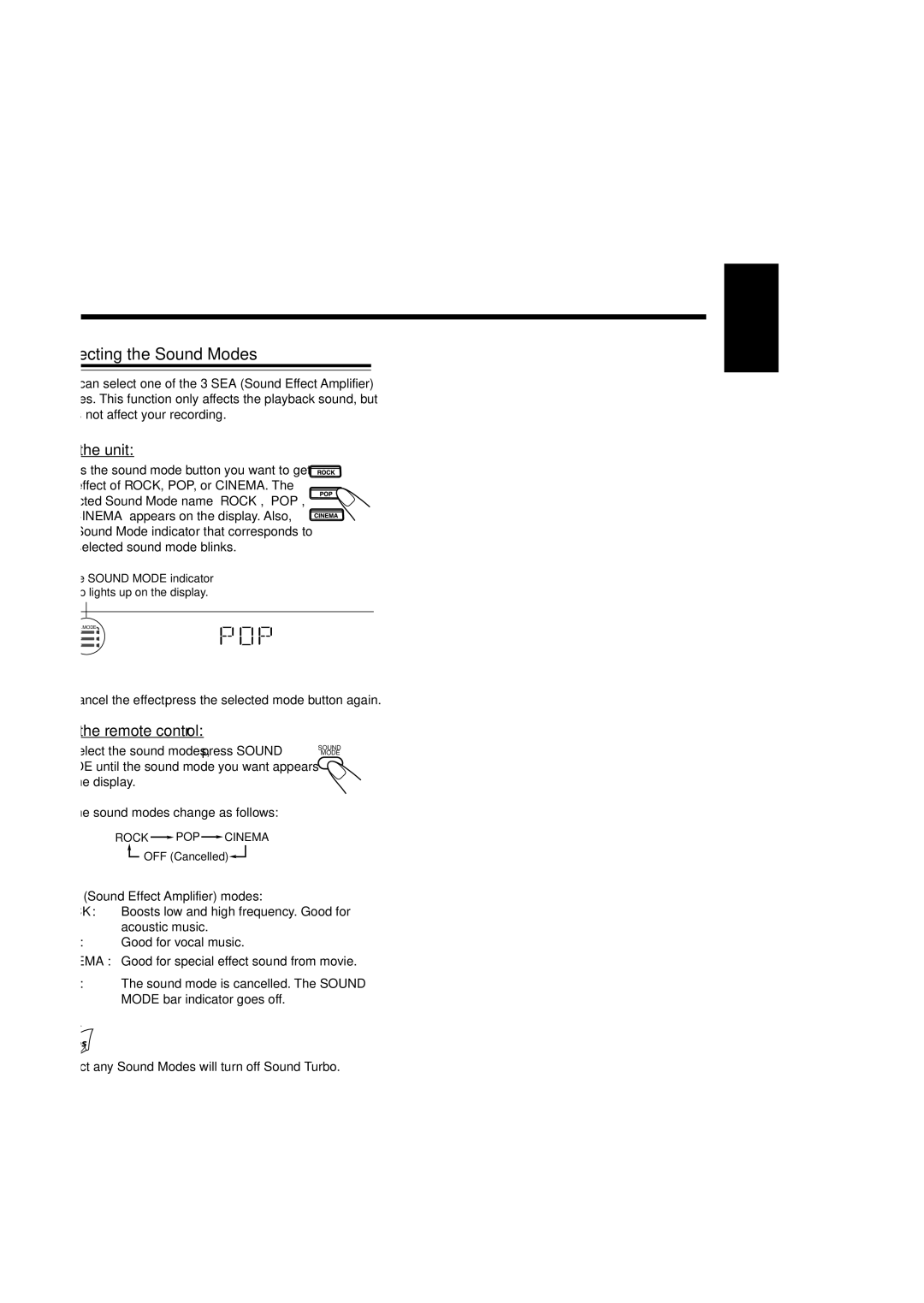 JVC MX-SK1, MX-SK3 manual Selecting the Sound Modes, On the unit, On the remote control, SEA Sound Effect Amplifier modes 