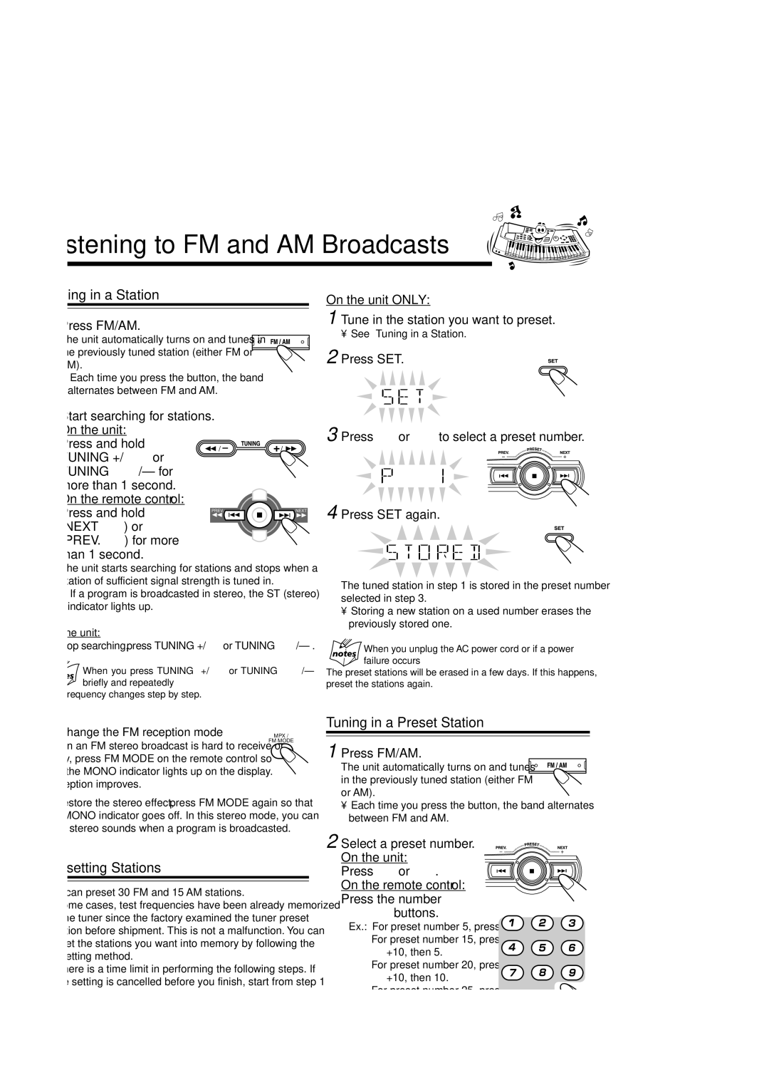 JVC CA-MXSK3, MX-SK3, MX-SK1, SP-MXSK1, SP-MXSK3 Listening to FM and AM Broadcasts, Tuning in a Station, Presetting Stations 