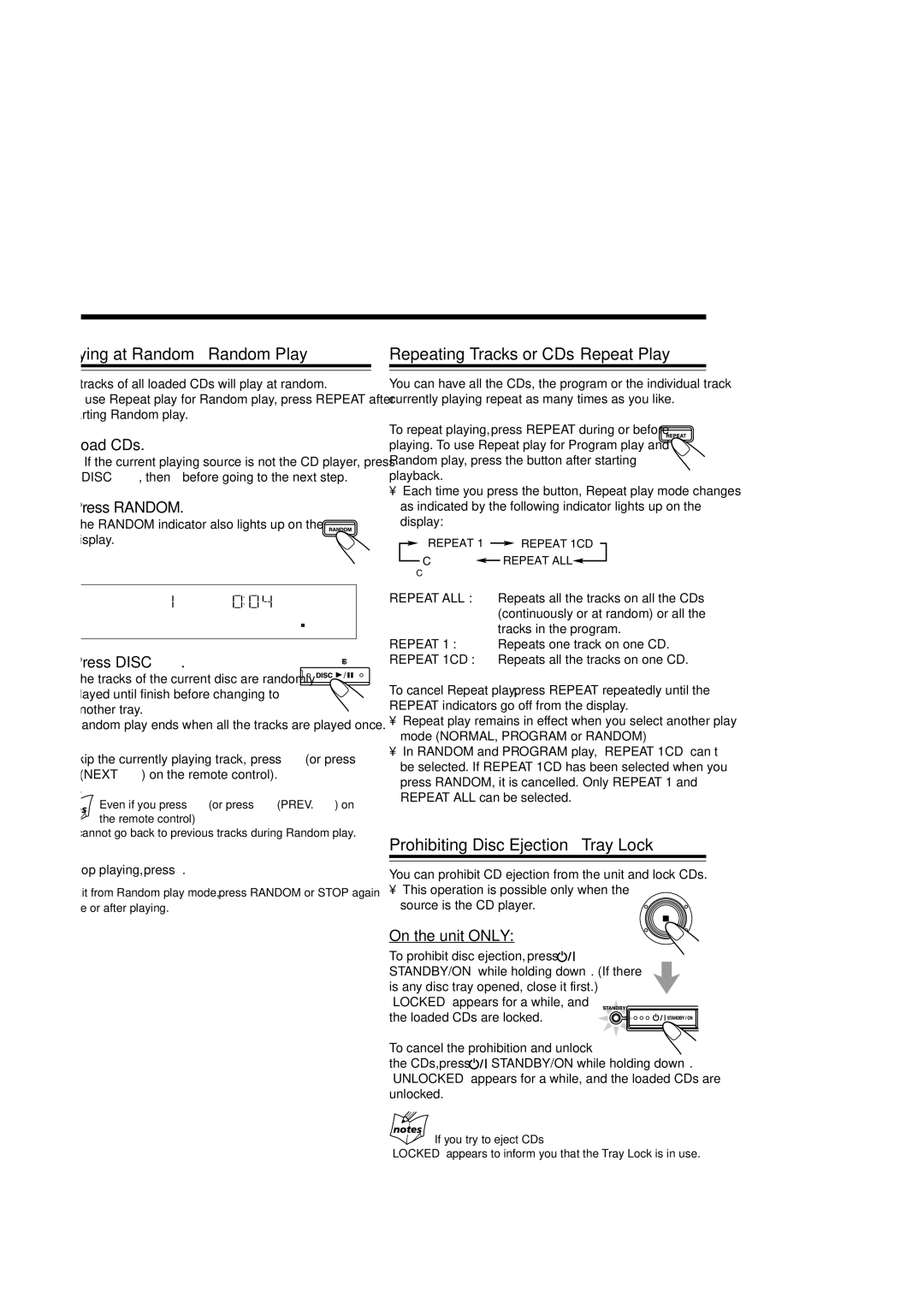 JVC GVT0120-001C Playing at Random Random Play, Repeating Tracks or CDs Repeat Play, Prohibiting Disc Ejection Tray Lock 