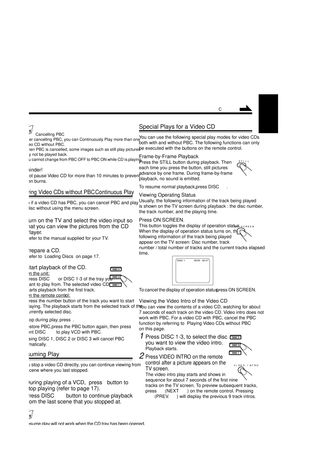 JVC CA-MXSK3, MX-SK3, MX-SK1, SP-MXSK1, SP-MXSK3, CA-MXSK1, GVT0120-001C Special Plays for a Video CD, Resuming Play, TV screen 