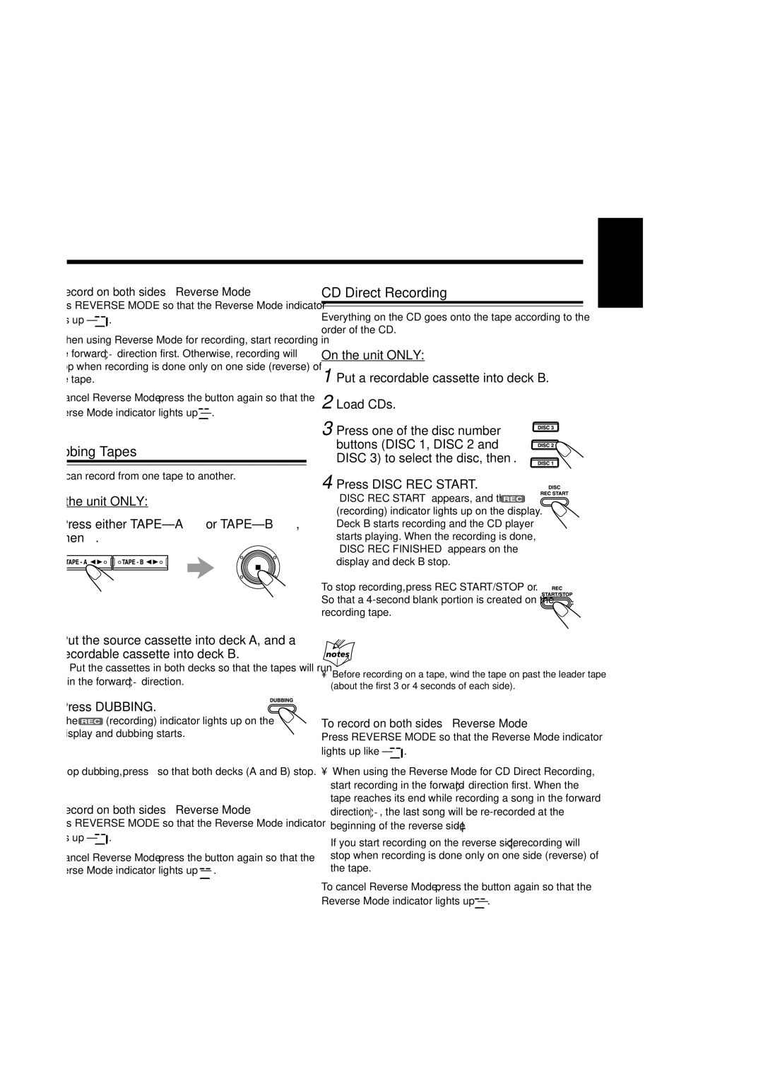 JVC MX-SK1, MX-SK3, CA-MXSK3 manual Dubbing Tapes, CD Direct Recording, Press Dubbing, To record on both sides Reverse Mode 