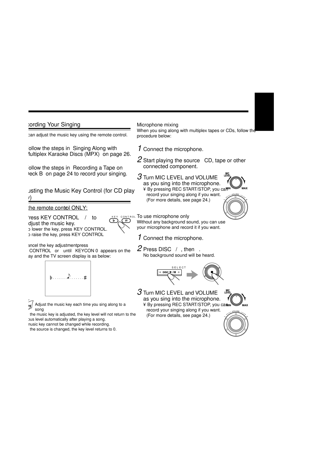 JVC SP-MXSK1, MX-SK3, MX-SK1 Recording Your Singing, Adjusting the Music Key Control for CD play only, Adjust the music key 