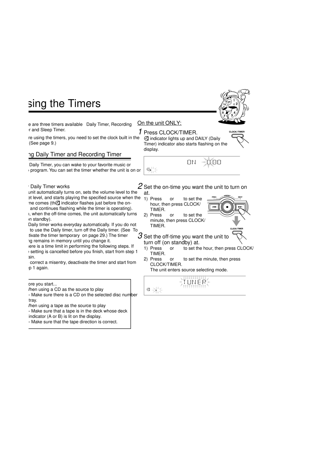 JVC SP-MXSK3 Using the Timers, Using Daily Timer and Recording Timer, Set the on-time you want the unit to turn on at 