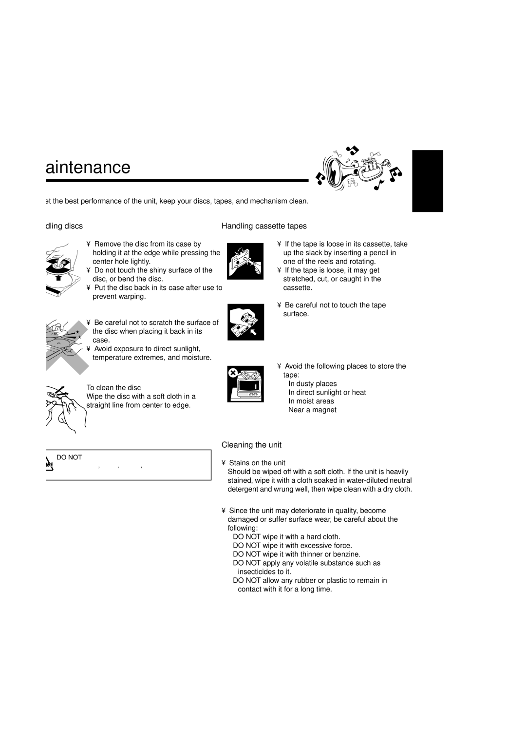 JVC MX-SK3, MX-SK1, CA-MXSK3, SP-MXSK1, SP-MXSK3 manual Maintenance, Handling discs, Handling cassette tapes, Cleaning the unit 