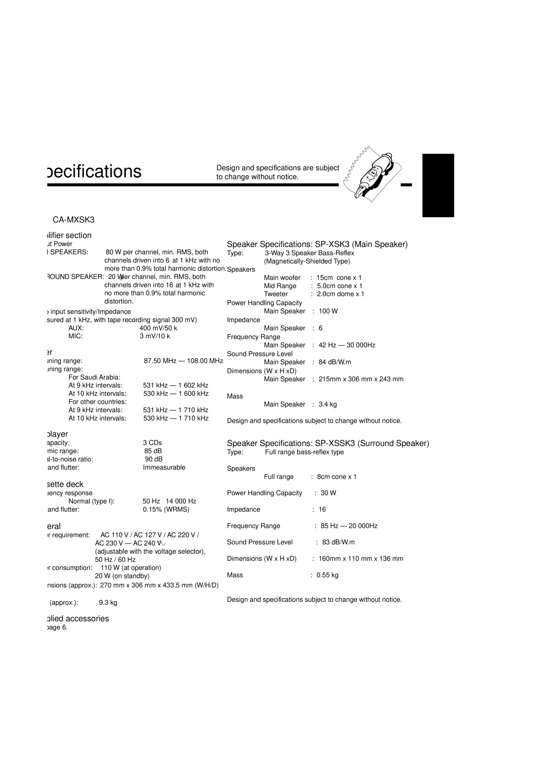 JVC CA-MXSK3, MX-SK3, MX-SK1, SP-MXSK1, SP-MXSK3, CA-MXSK1, GVT0120-001C manual Specifications 