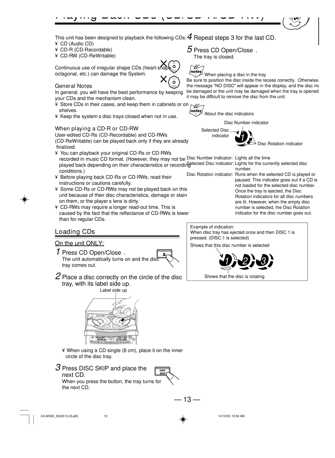 JVC SP-MXSK3, MX-SK3, MX-SK1, CA-MXSK3, SP-MXSK1, CA-MXSK1, GVT0120-001C manual Playing Back CDs CD/CD-R/CD-RW 