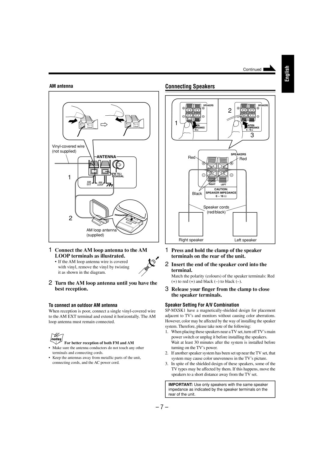 JVC CA-MXSK1 manual 7, Connecting Speakers, English, 1Connect the AM loop antenna to the AM, LOOP terminals as illustrated 