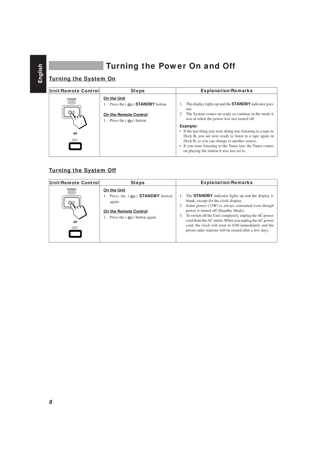 JVC MX-V508T, MX-V588T manual Turning the Power On and Off, Turning the System On, Turning the System Off 