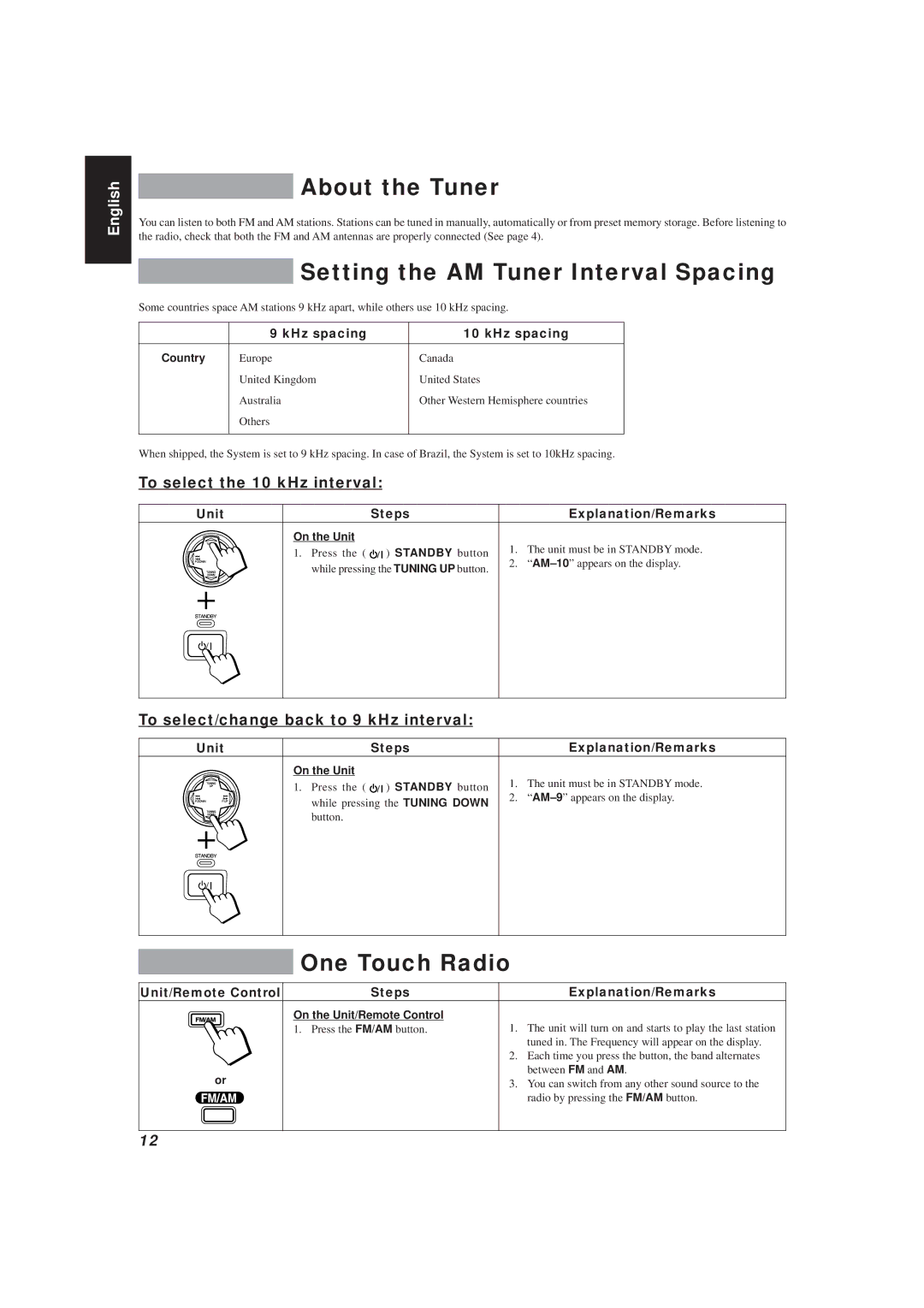 JVC MX-V508T manual About the Tuner, Setting the AM Tuner Interval Spacing, One Touch Radio, To select the 10 kHz interval 