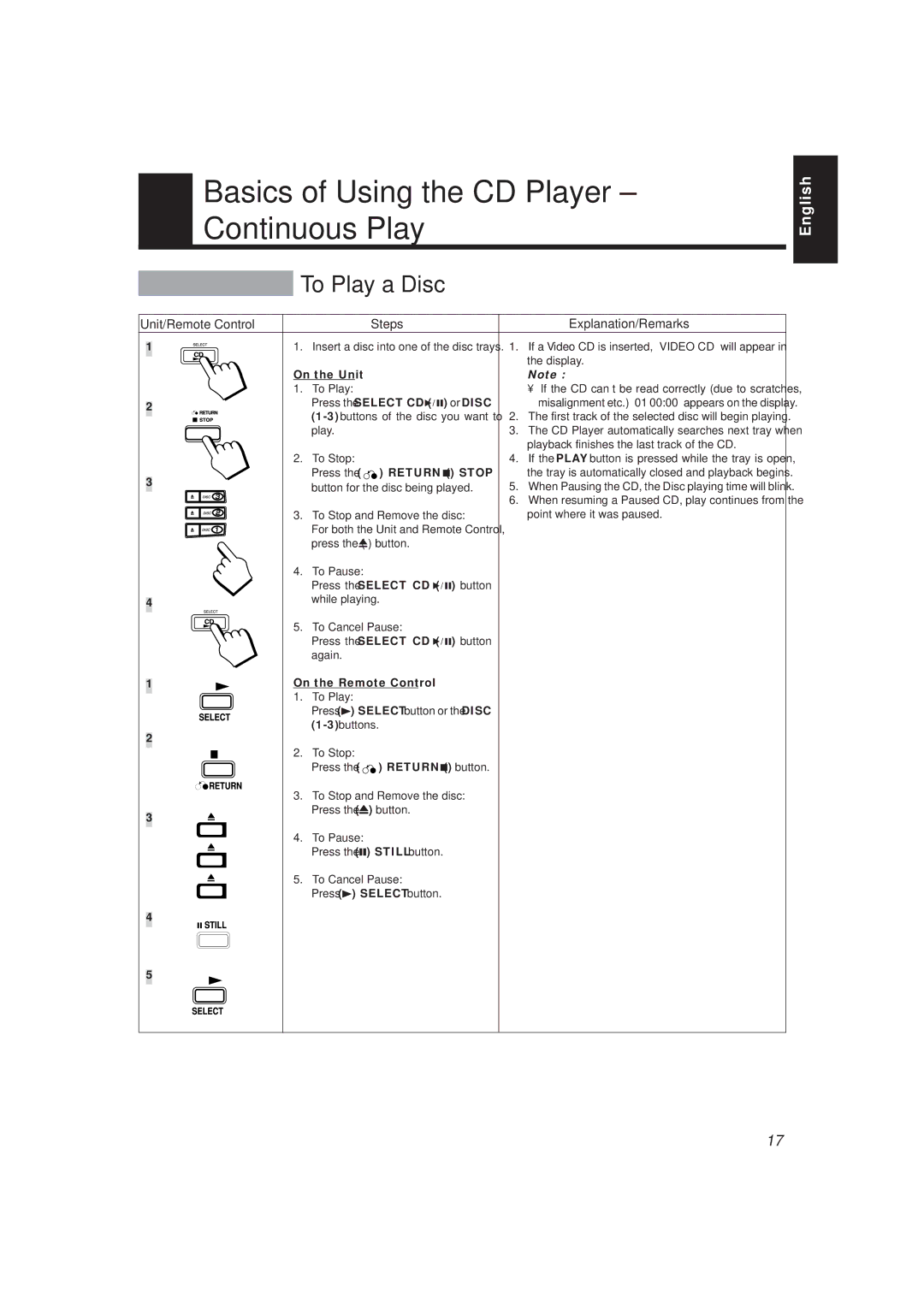 JVC MX-V588T, MX-V508T manual Basics of Using the CD Player Continuous Play, To Play a Disc, Press the Select CD 6 or Disc 