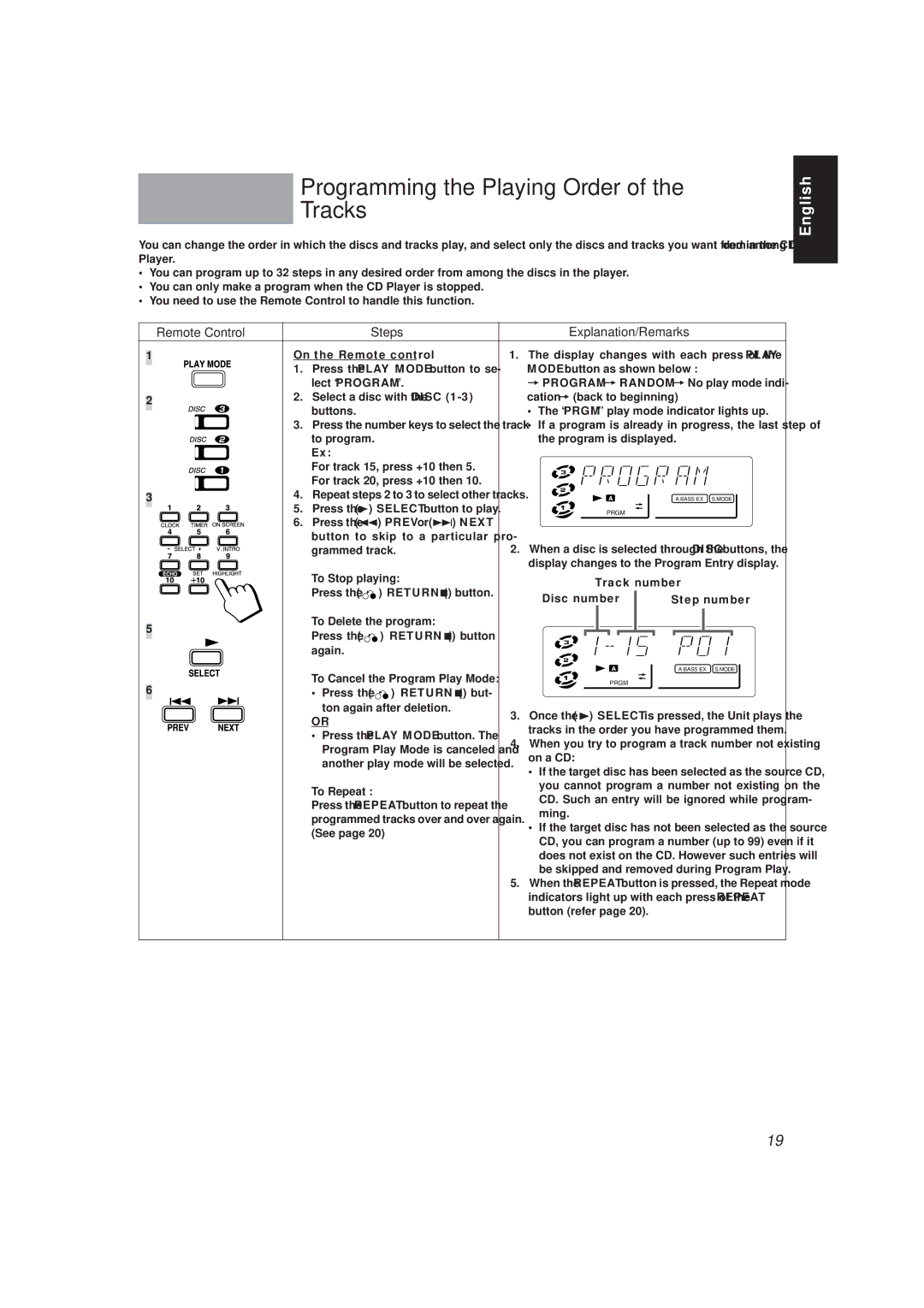 JVC MX-V588T, MX-V508T manual Programming the Playing Order Tracks, Track number, Return 7 button Disc number Step number 