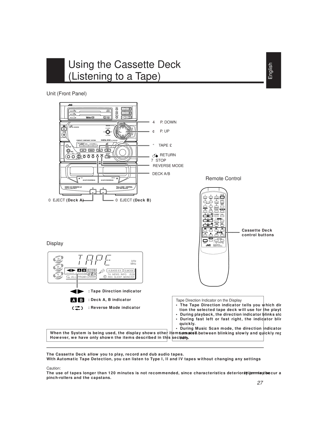 JVC MX-V588T manual Using the Cassette Deck Listening to a Tape, Down, ¢ P. UP Tape £, Return 7 Stop Reverse Mode Deck A/B 