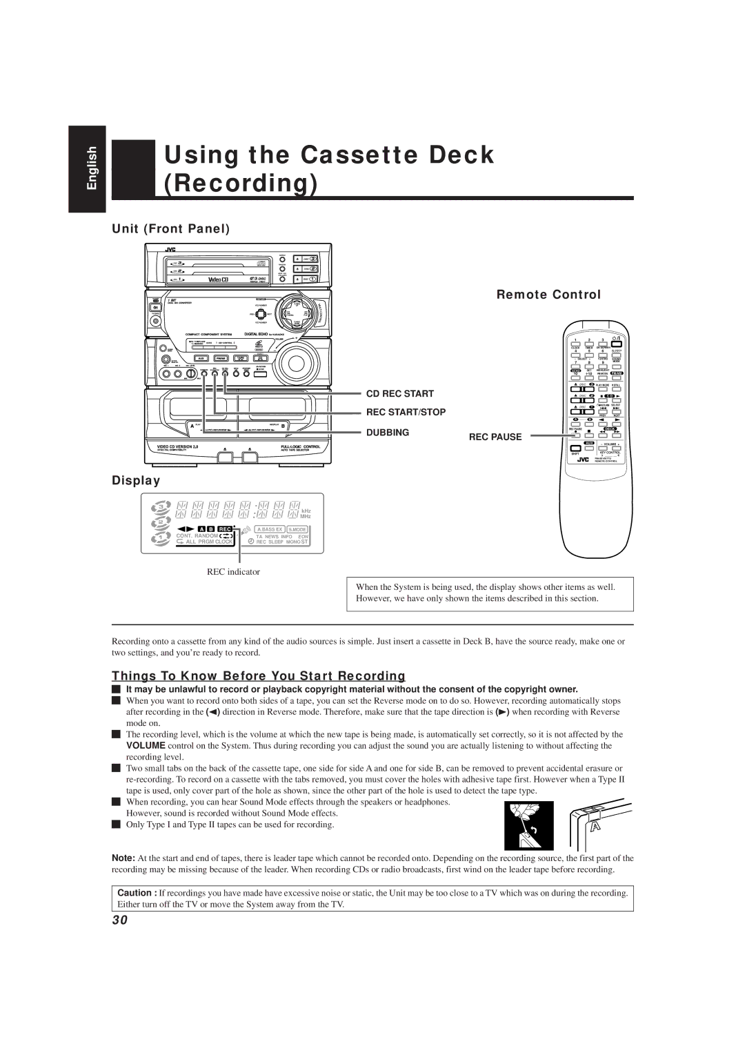 JVC MX-V508T, MX-V588T manual Using the Cassette Deck Recording, Things To Know Before You Start Recording 