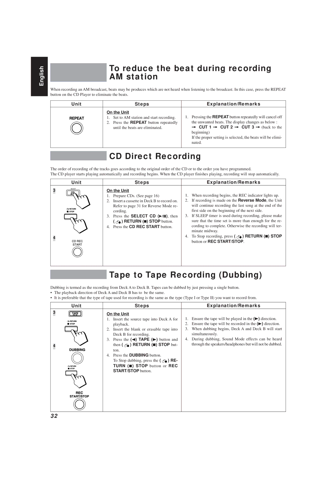 JVC MX-V508T, MX-V588T To reduce the beat during recording AM station, CD Direct Recording, Tape to Tape Recording Dubbing 