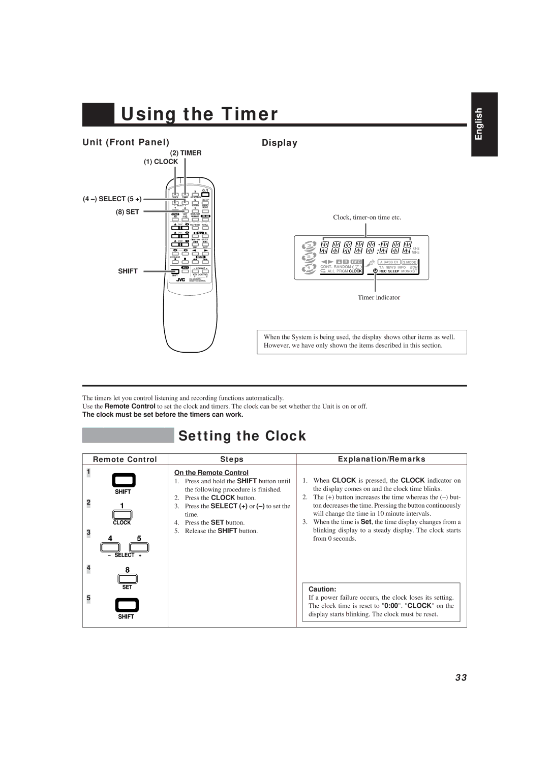 JVC MX-V588T, MX-V508T manual Using the Timer, Setting the Clock, Unit Front Panel Display, Timer Clock 