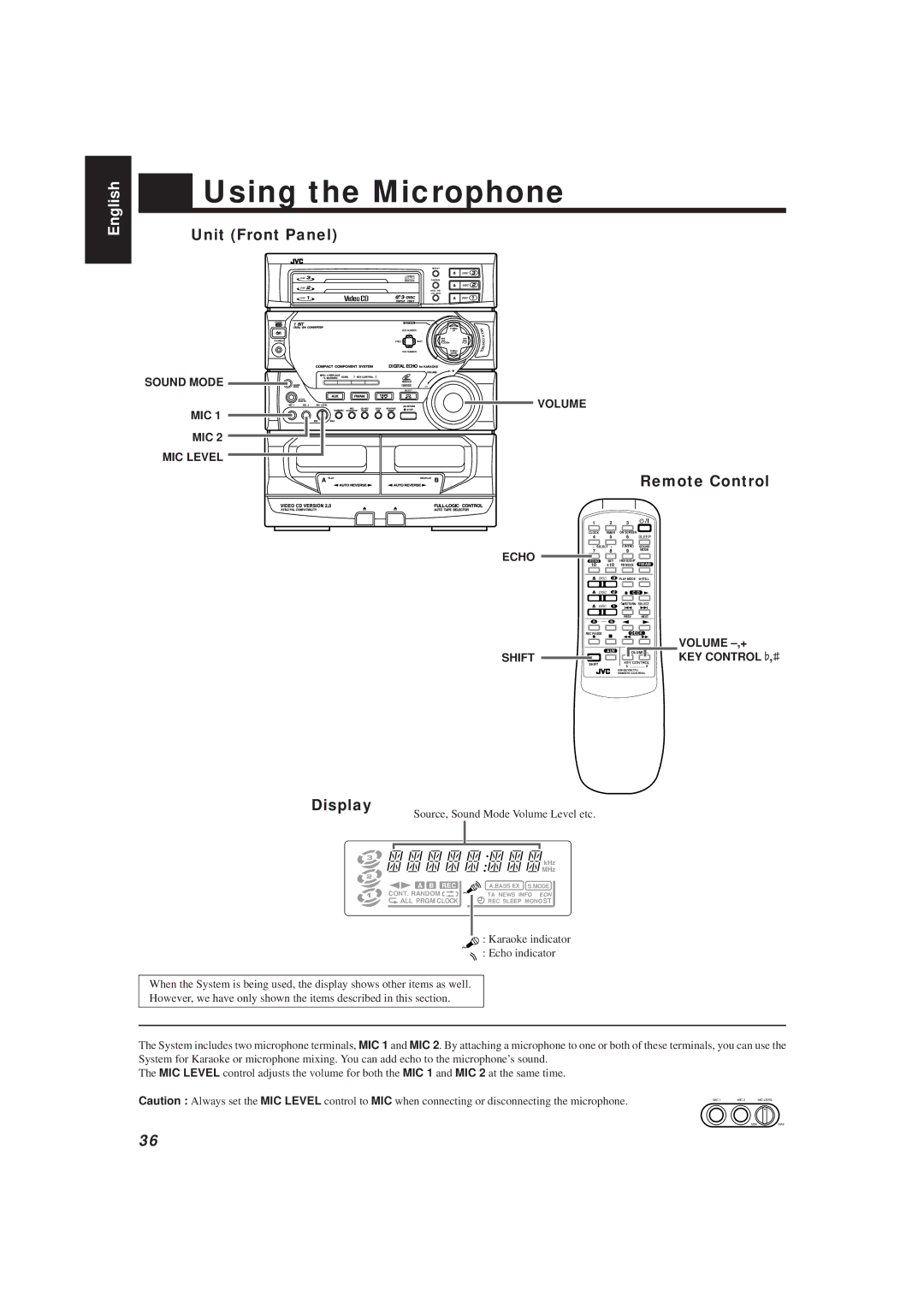 JVC MX-V508T, MX-V588T manual Using the Microphone, Volume MIC MIC Level, Echo 