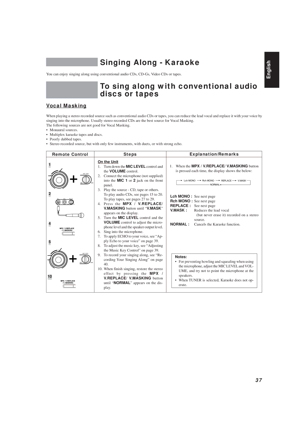 JVC MX-V588T, MX-V508T manual Singing Along Karaoke, To sing along with conventional audio discs or tapes, Vocal Masking 