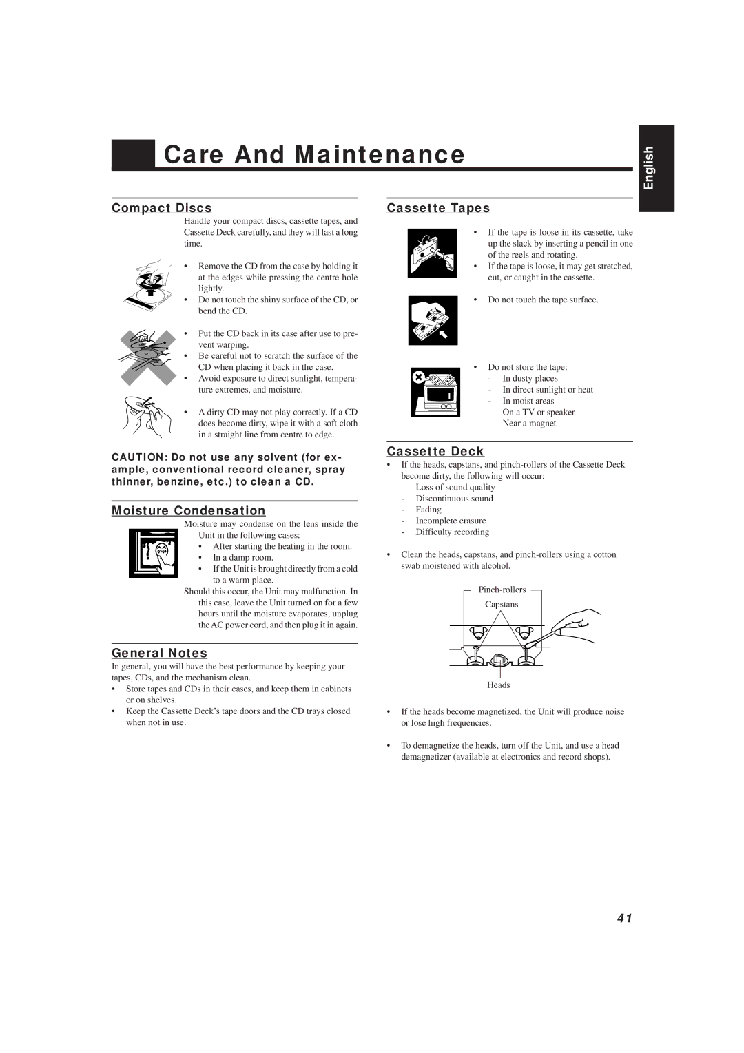 JVC MX-V588T manual Care And Maintenance, Compact Discs Cassette Tapes, Moisture Condensation, Cassette Deck, General Notes 