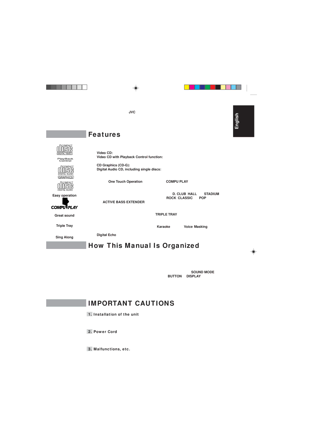 JVC MX-V588T, MX-V508T Features, How This Manual Is Organized, Installation of the unit, Power Cord, Malfunctions, etc 