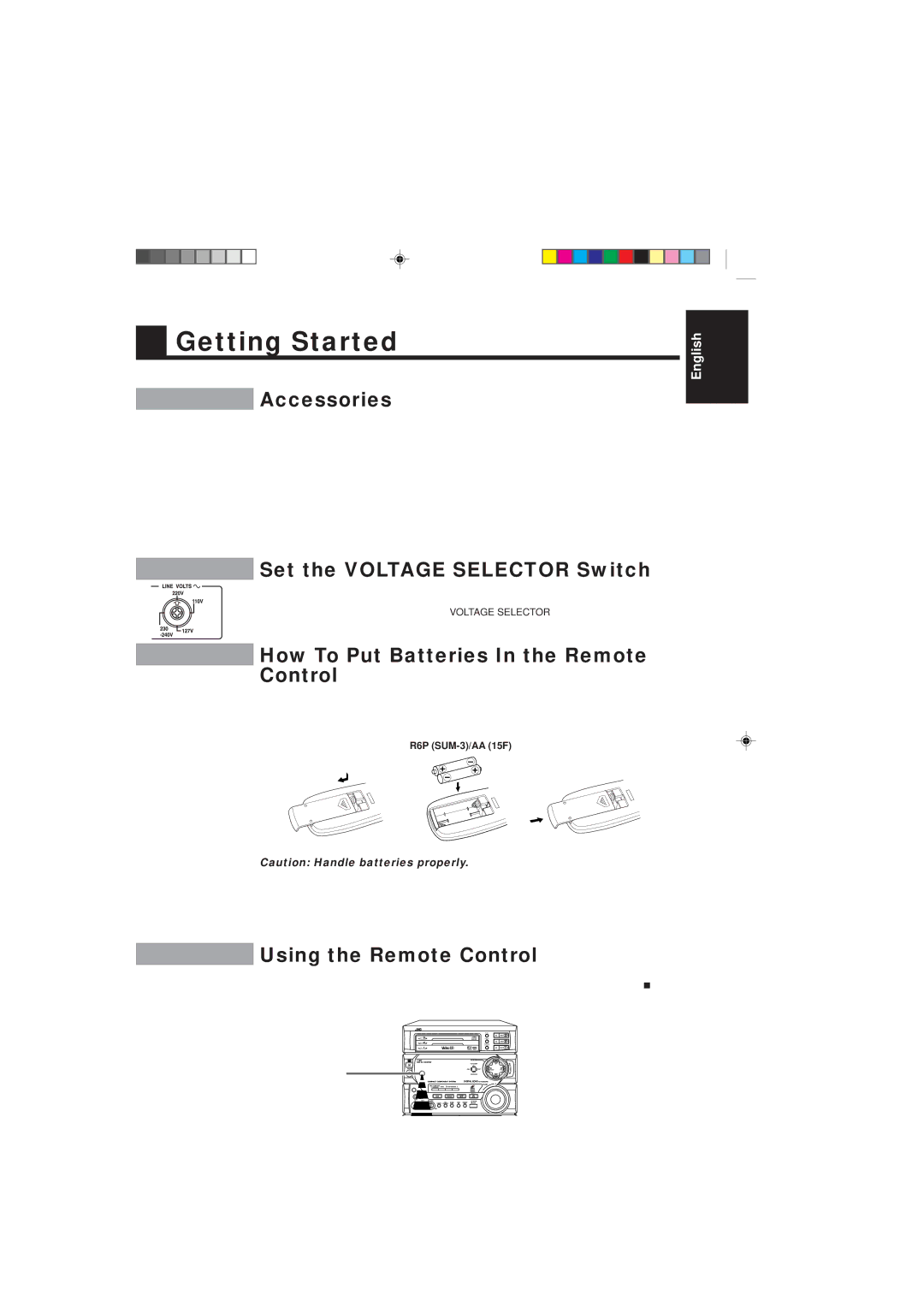 JVC MX-V588T Getting Started, Accessories, Set the Voltage Selector Switch, How To Put Batteries In the Remote Control 