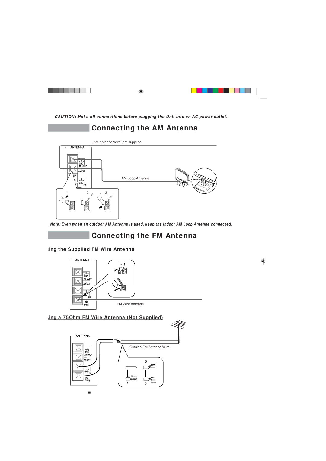 JVC MX-V508T, MX-V588T manual Connecting the AM Antenna, Connecting the FM Antenna, Using the Supplied FM Wire Antenna 