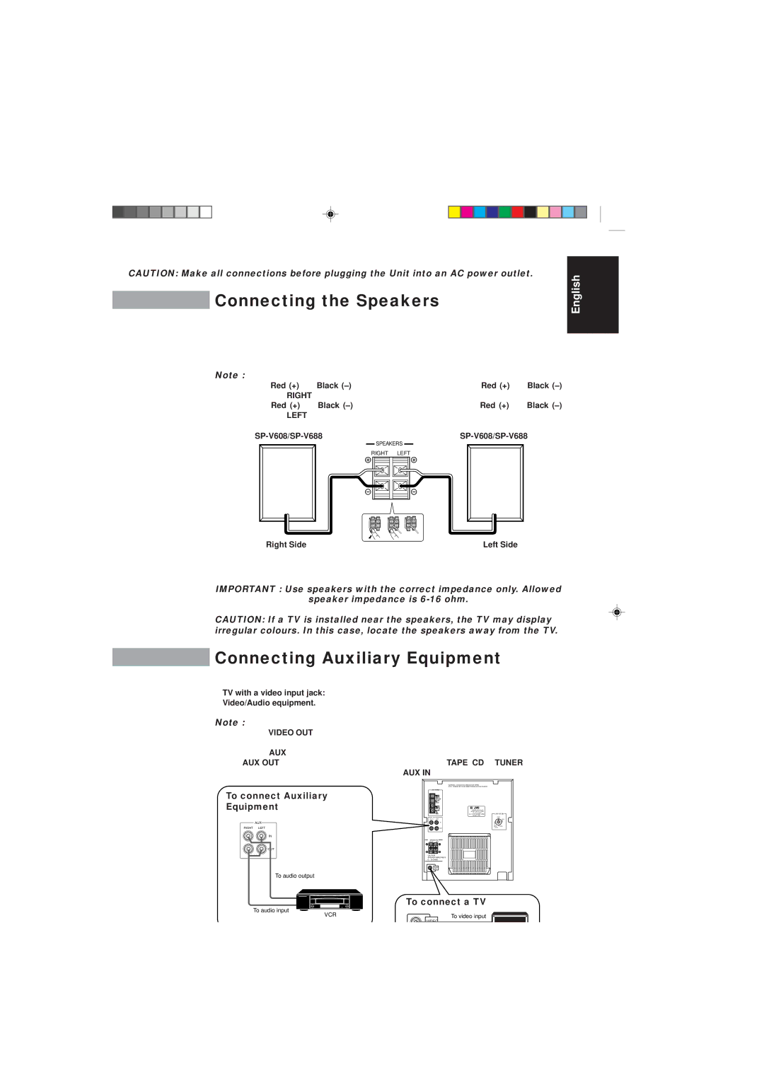 JVC MX-V588T Connecting the Speakers, Connecting Auxiliary Equipment, To connect Auxiliary Equipment, To connect a TV 