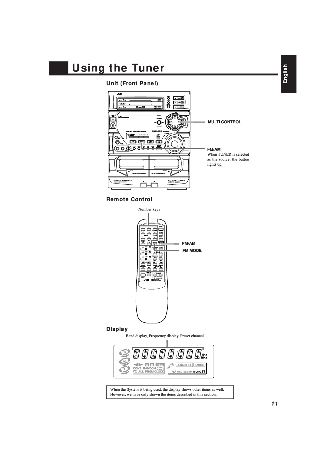 JVC MX-V588T, MX-V508T manual Using the Tuner, English, Multi Control, Fm/Am, Number keys, Fm Mode 