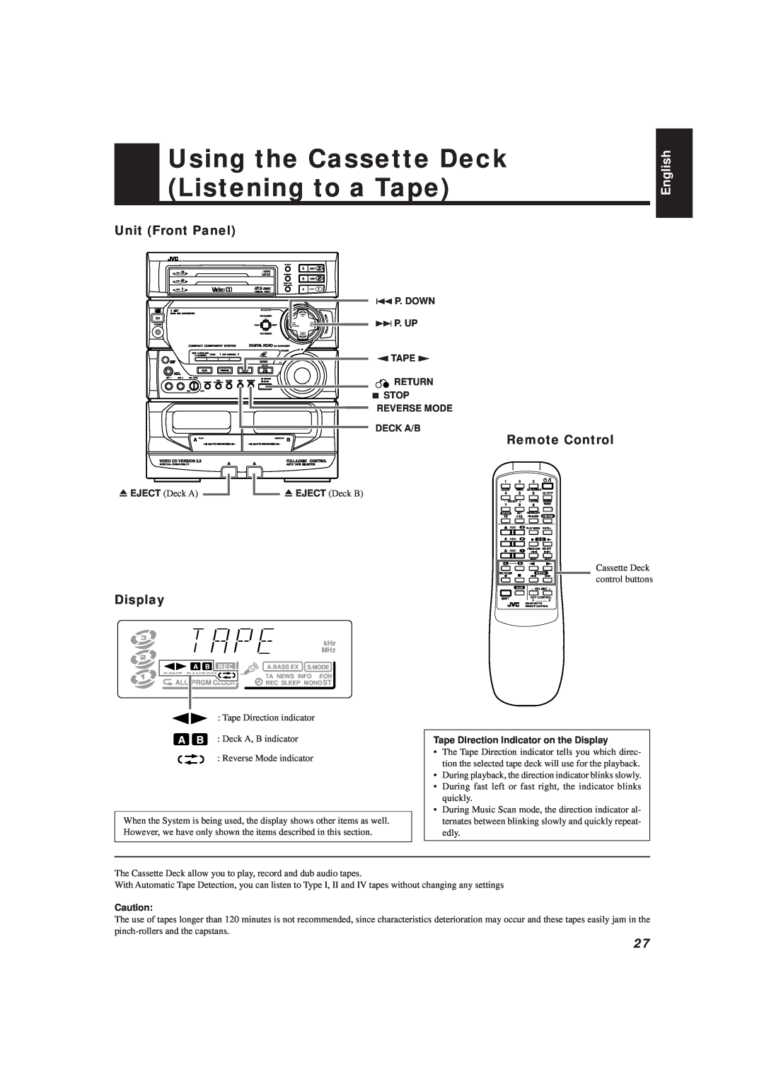 JVC MX-V588T, MX-V508T manual Using the Cassette Deck Listening to a Tape, English, 4 P. DOWN ¢ P. UP ª TAPE £ 