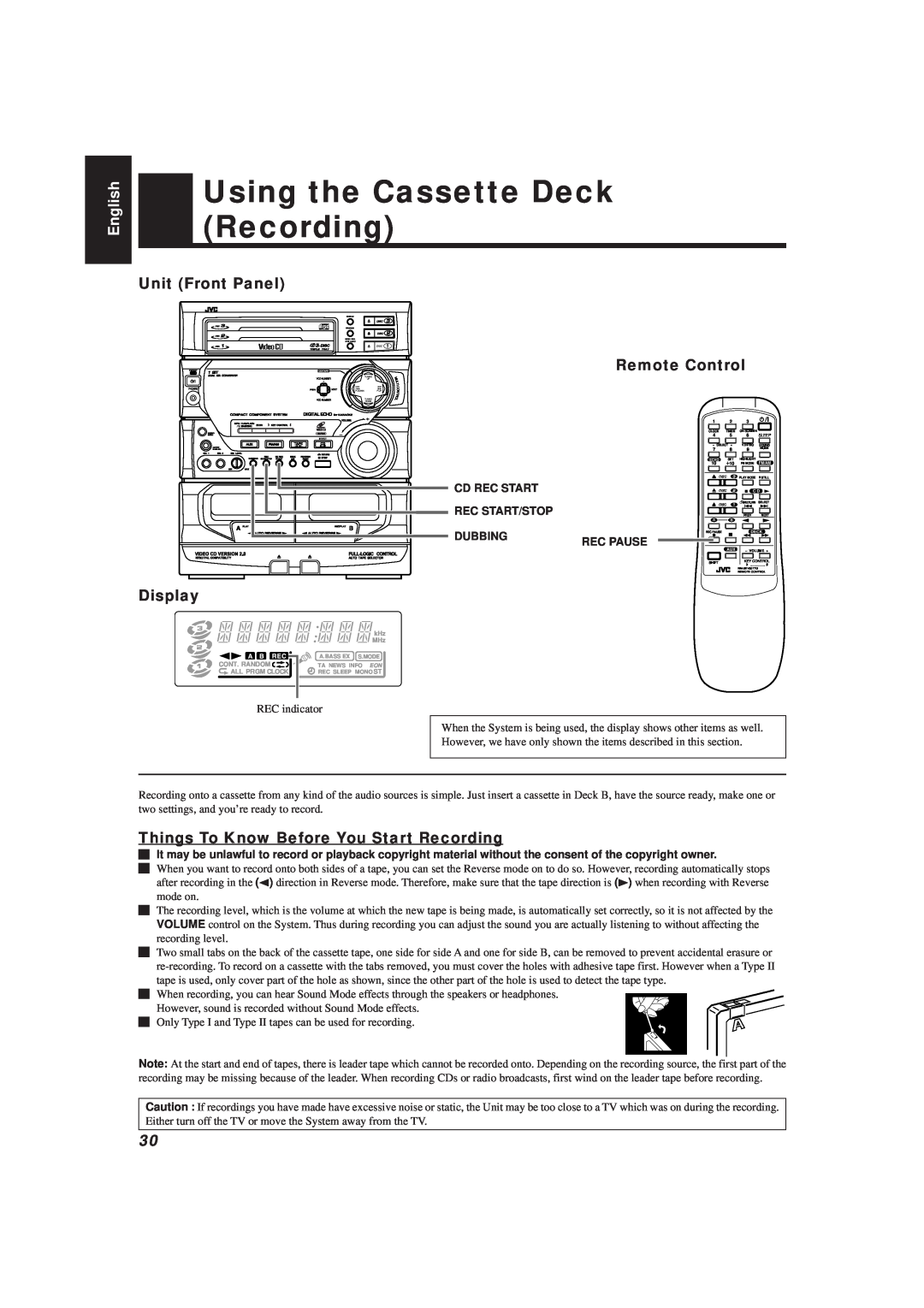 JVC MX-V508T, MX-V588T manual Using the Cassette Deck Recording, English, Unit Front Panel, Remote Control, Display 