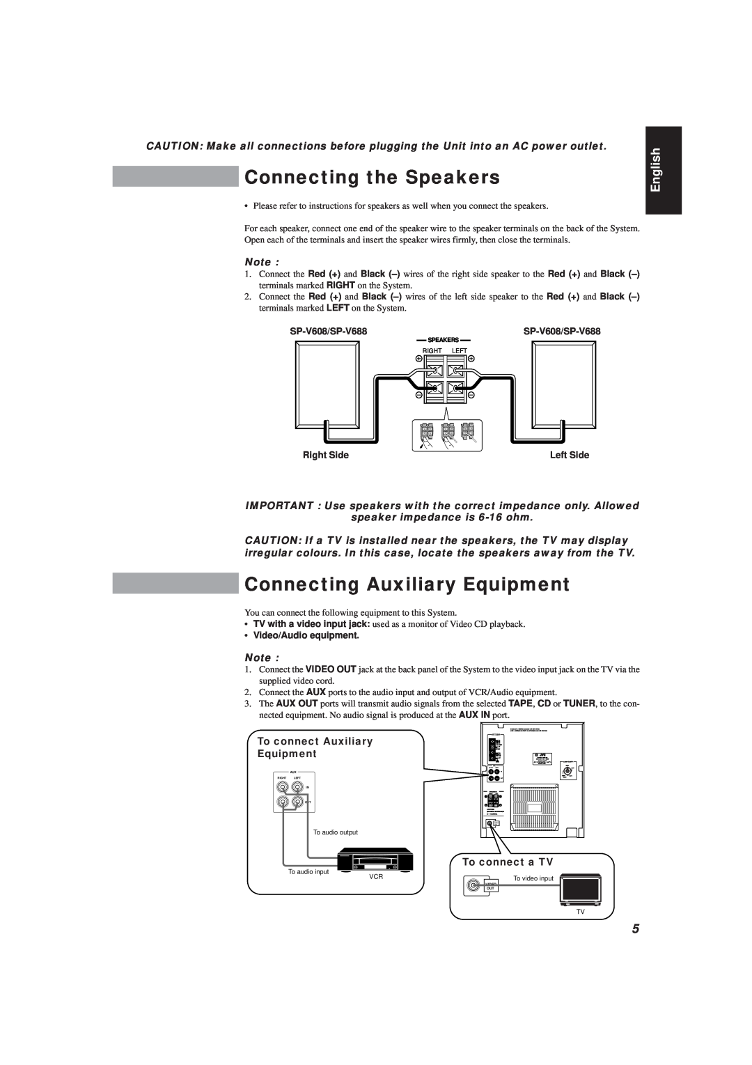 JVC MX-V588T, MX-V508T Connecting the Speakers, Connecting Auxiliary Equipment, English, To connect Auxiliary Equipment 