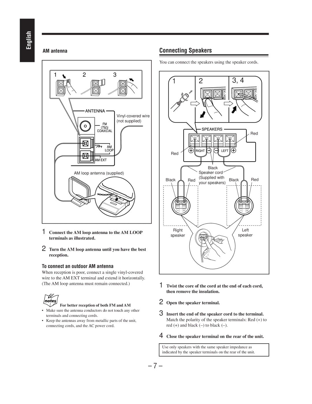 JVC MX-WMD90 Connecting Speakers, To connect an outdoor AM antenna, Close the speaker terminal on the rear of the unit 