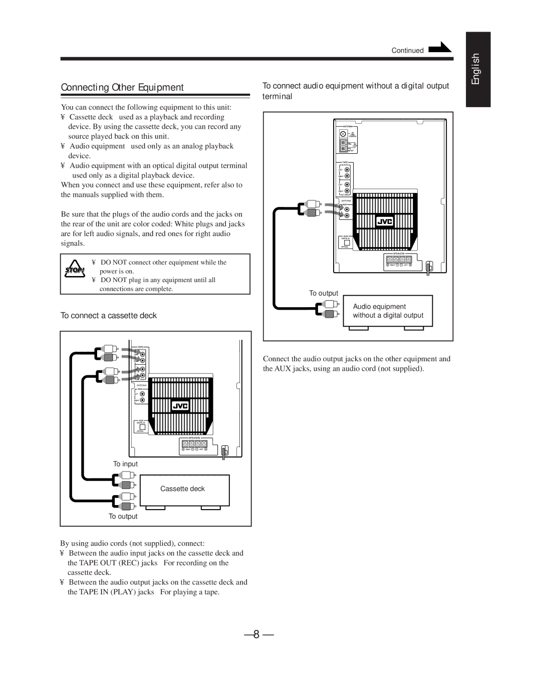 JVC MX-WMD90 manual Connecting Other Equipment, To connect a cassette deck 