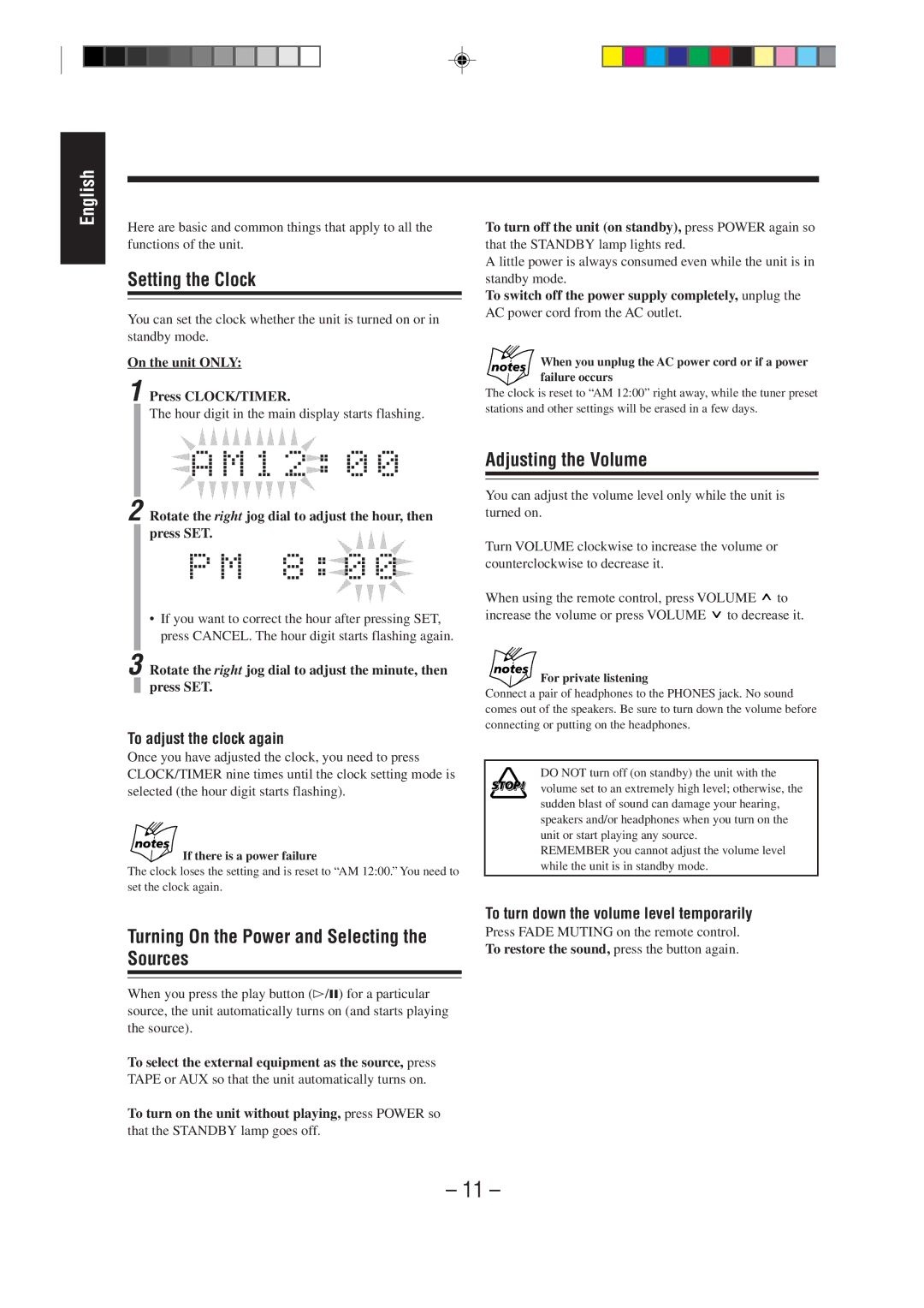 JVC MX-WMD90 manual Setting the Clock, Turning On the Power and Selecting the Sources, Adjusting the Volume 