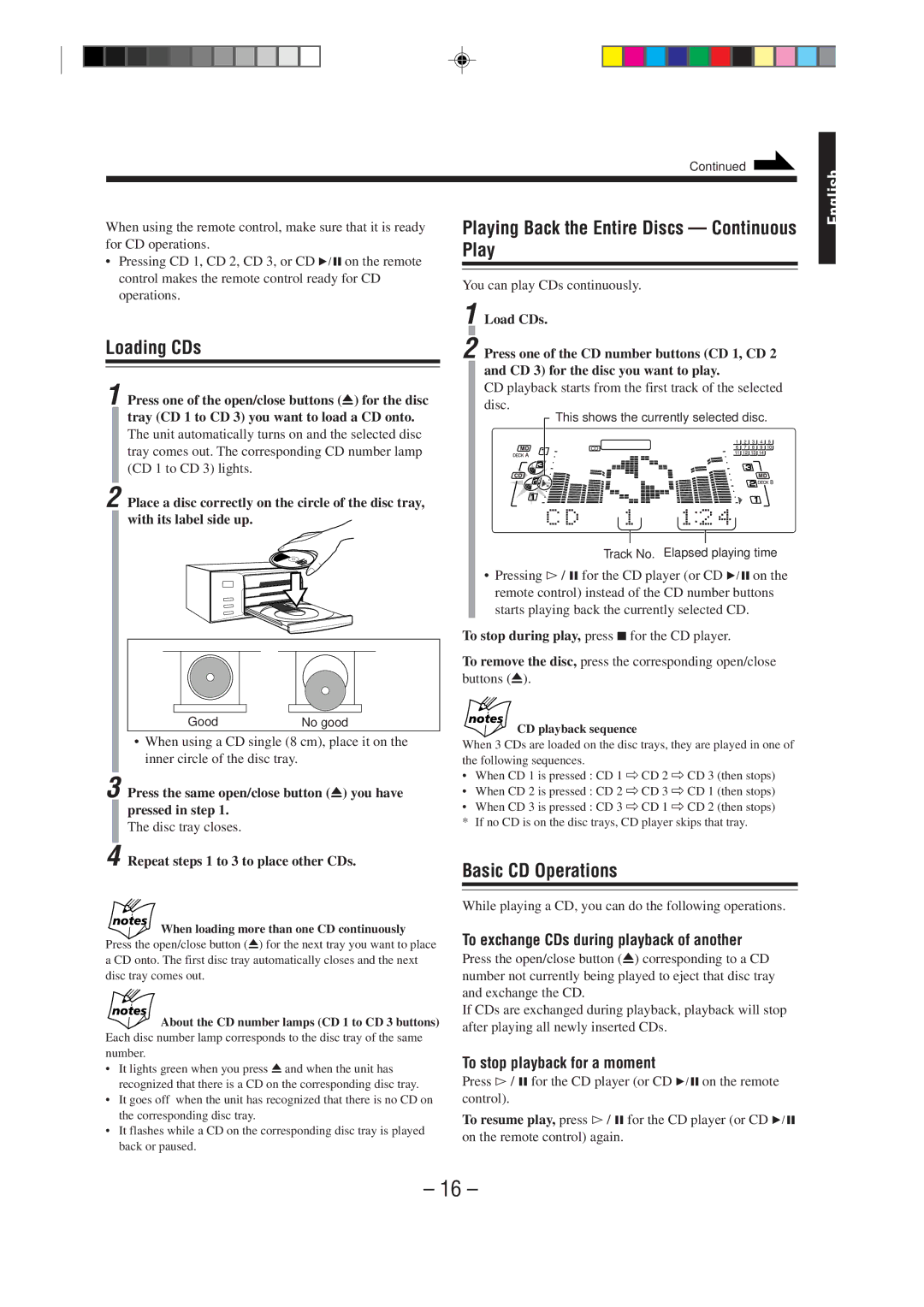 JVC MX-WMD90 manual Loading CDs, Playing Back the Entire Discs Continuous Play, Basic CD Operations 