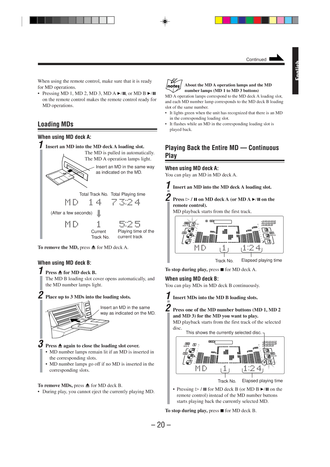 JVC MX-WMD90 manual Loading MDs, Playing Back the Entire MD Continuous Play, When using MD deck a, When using MD deck B 