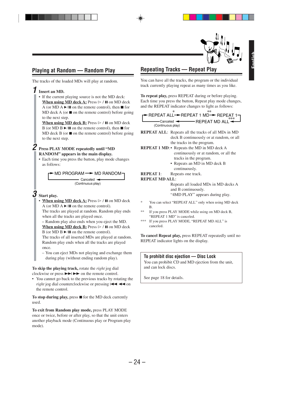 JVC MX-WMD90 manual Repeating Tracks Repeat Play, To prohibit disc ejection Disc Lock 