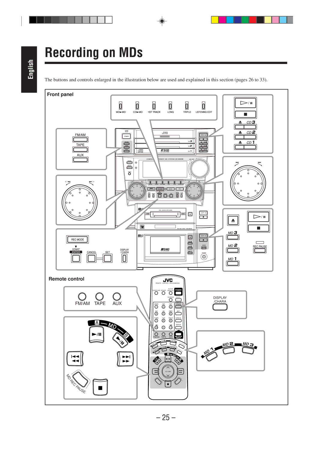 JVC MX-WMD90 manual Recording on MDs, FM/AM Tape AUX 