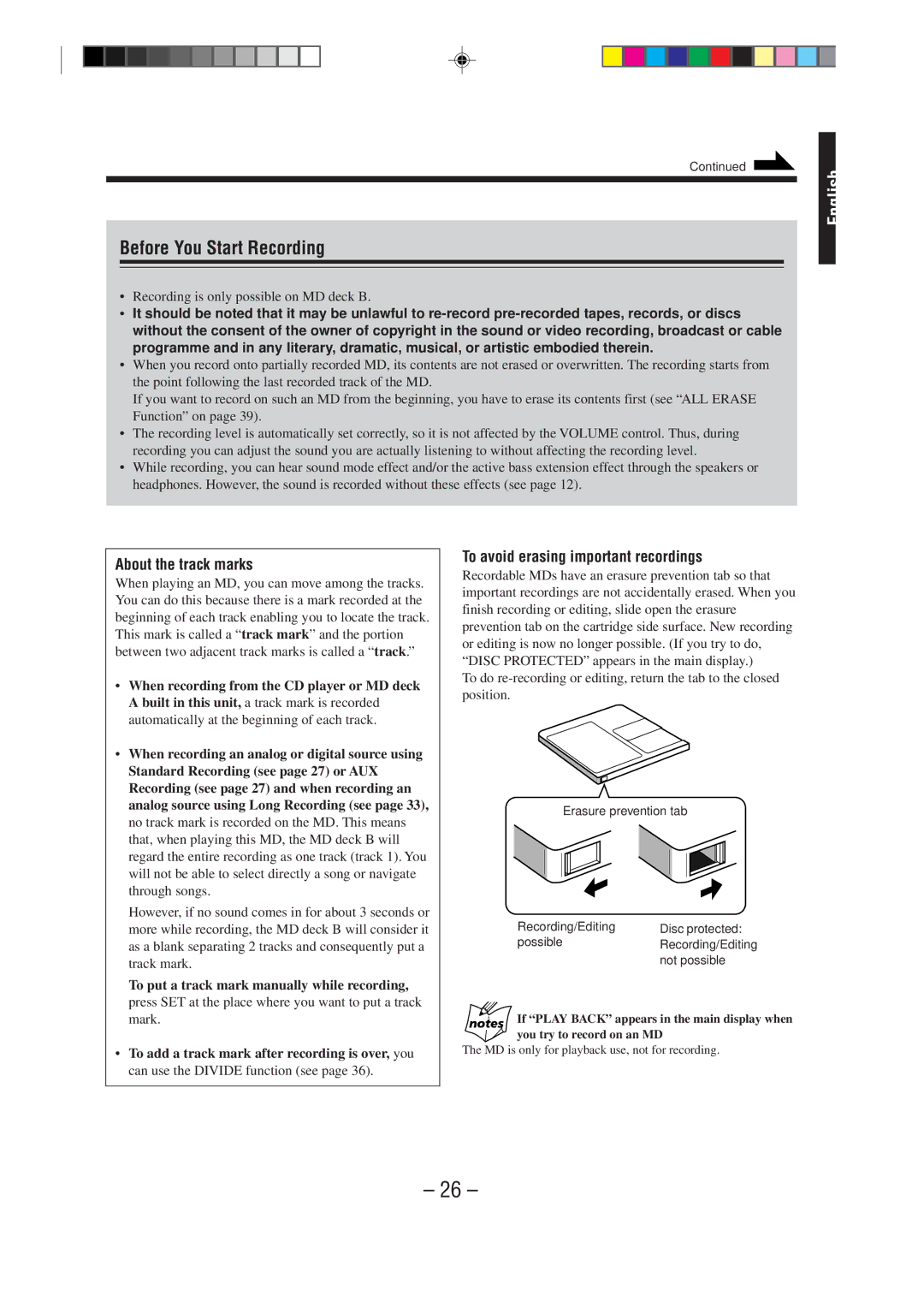 JVC MX-WMD90 manual Before You Start Recording, About the track marks, To avoid erasing important recordings 