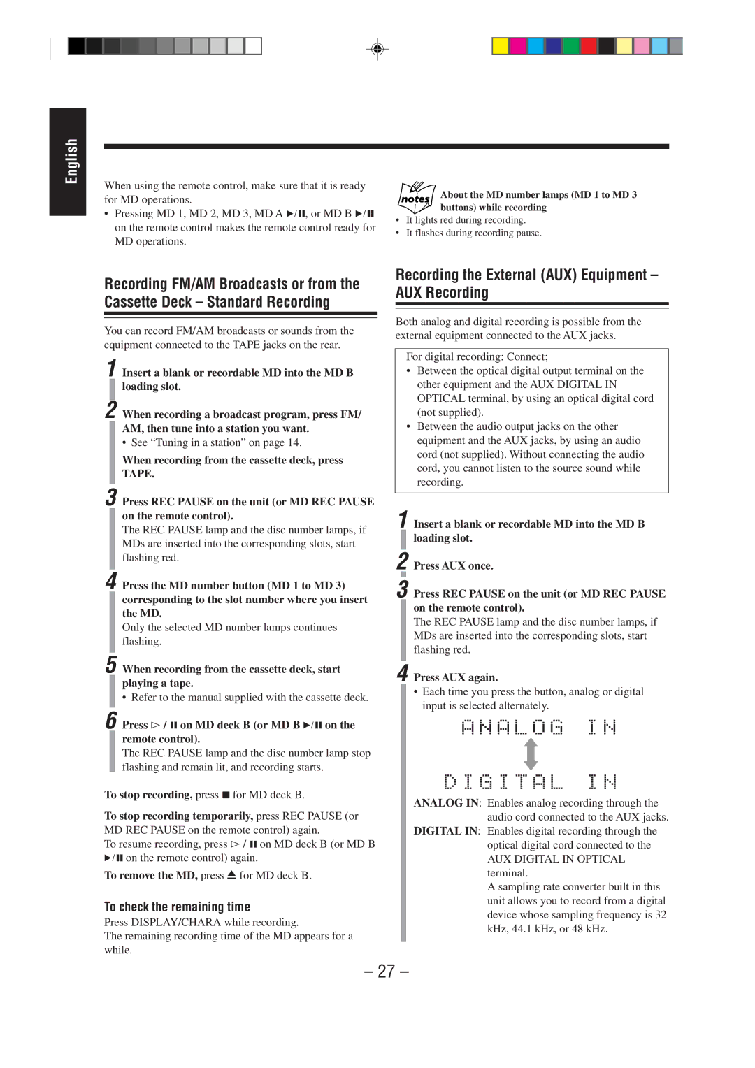 JVC MX-WMD90 manual Recording the External AUX Equipment AUX Recording, To check the remaining time, Press AUX again 