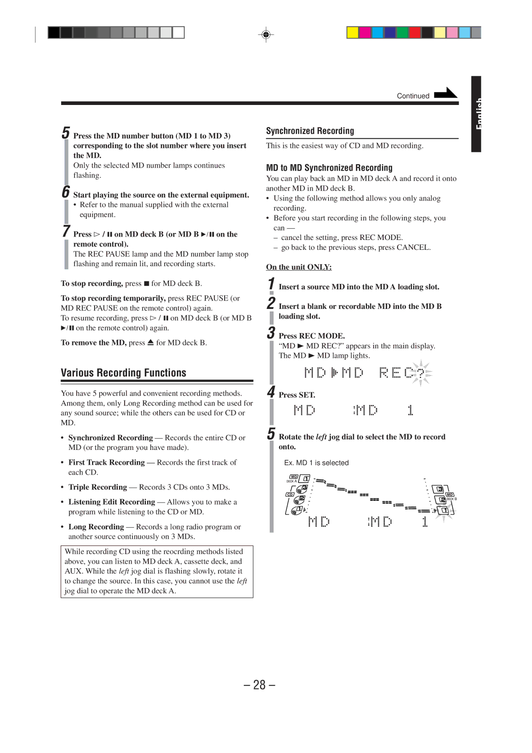 JVC MX-WMD90 manual Various Recording Functions, MD to MD Synchronized Recording 