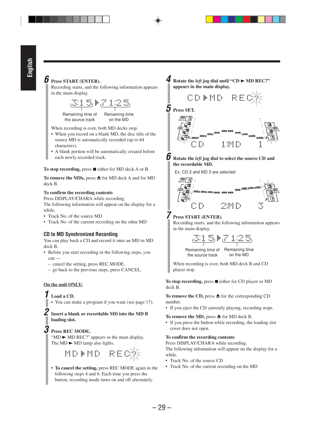 JVC MX-WMD90 manual CD to MD Synchronized Recording, Press Start Enter, To confirm the recording contents 