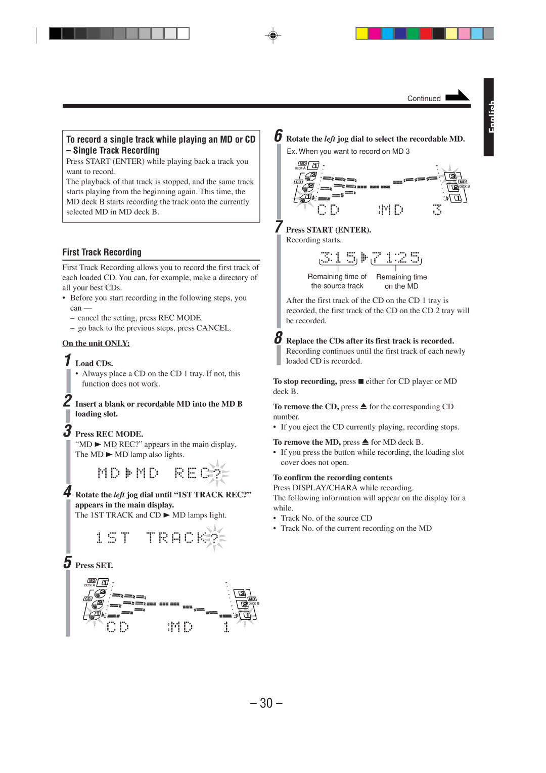 JVC MX-WMD90 manual Single Track Recording, First Track Recording, On the unit only Load CDs 