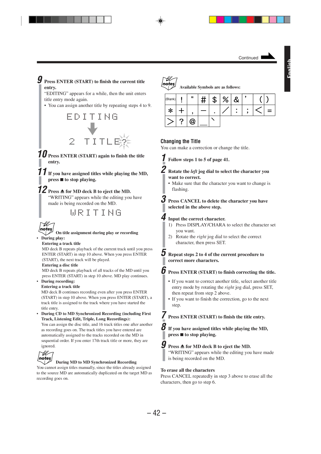 JVC MX-WMD90 manual Changing the Title, Press Enter Start to finish the current title entry, To erase all the characters 